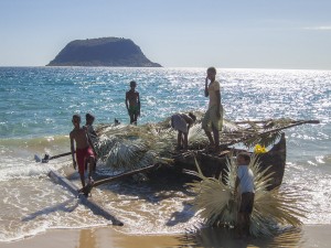 Receiving a shipment of roof thatching leaves on Nosy Mitsio.